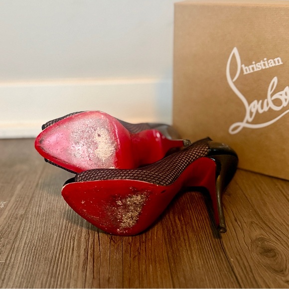 Christian Louboutin Black Fishnet Peep Toe Heels | Size 38 | Red Sole - Picture 4 of 5